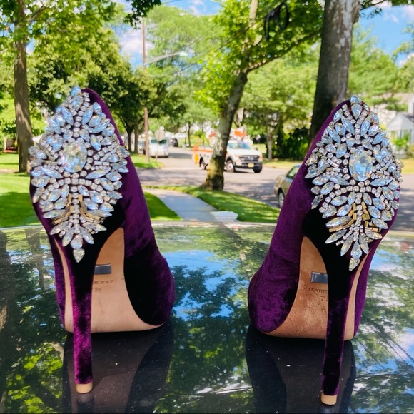 Badgley Mischka Shoes - Badgley Mischka Kiara Velvet Wine Jeweled Heels